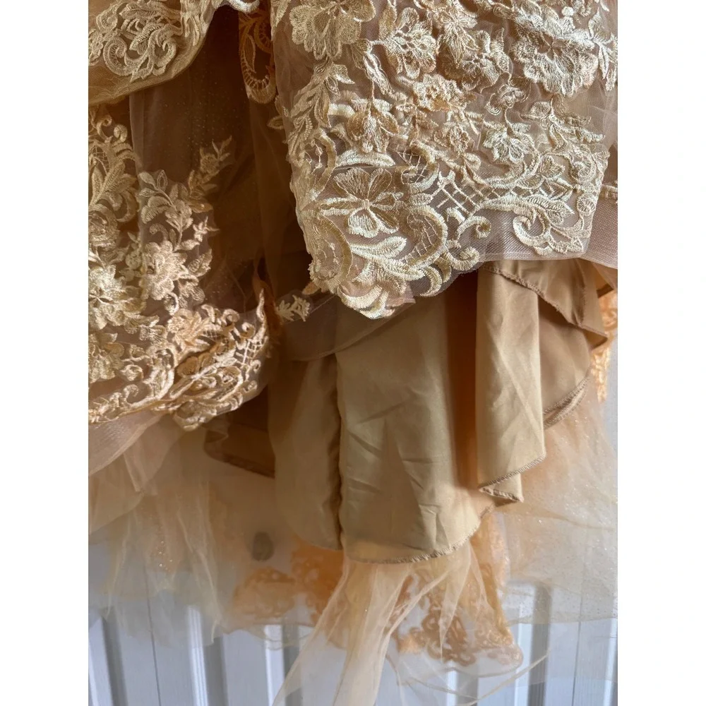 Girls Gold Lace Pageant Dress High Low Flower Girl Gown‎ Beaded Tulle Size 8-10